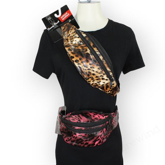 2 New 80s Animal Print FannyPack BeltBag Textured Vinyl Pockets Waisties - Picture 2 of 9